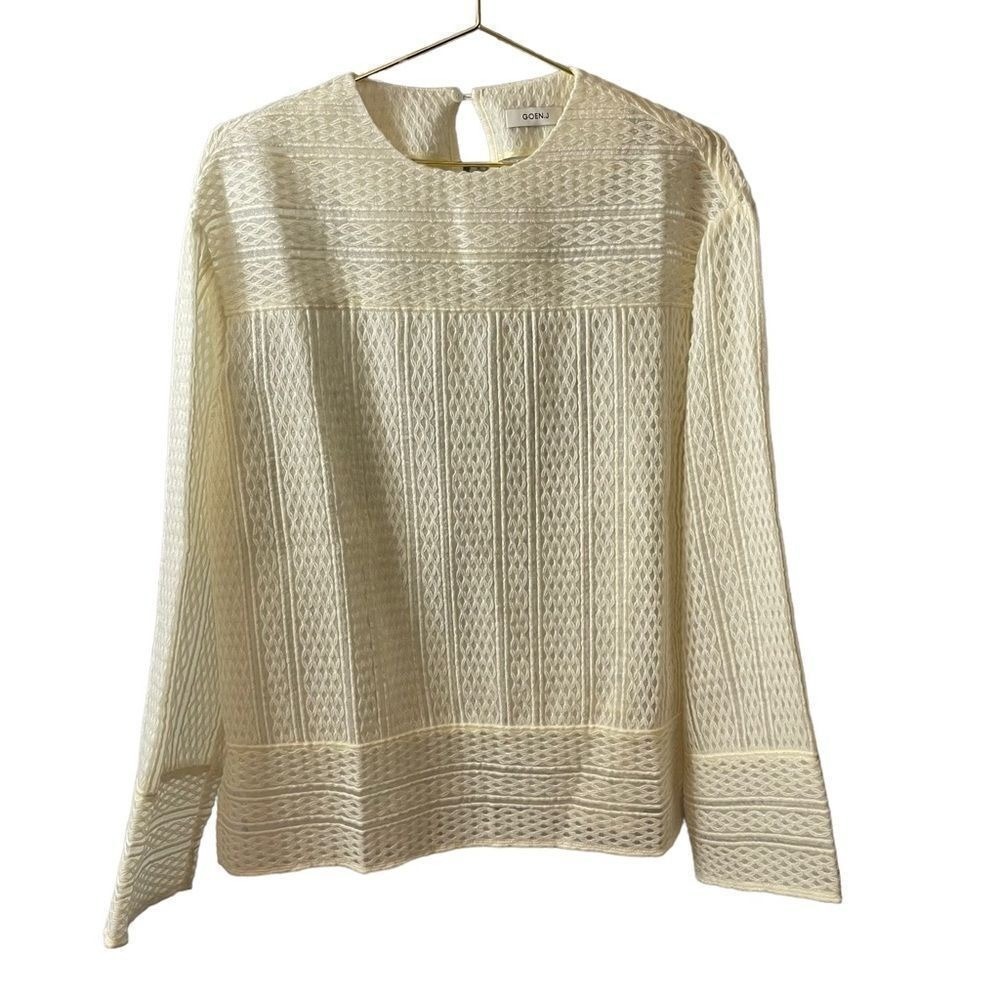 GOEN.J Ivory Textured Open Knit Long Sleeve Blouse Keyhole Back Top MED